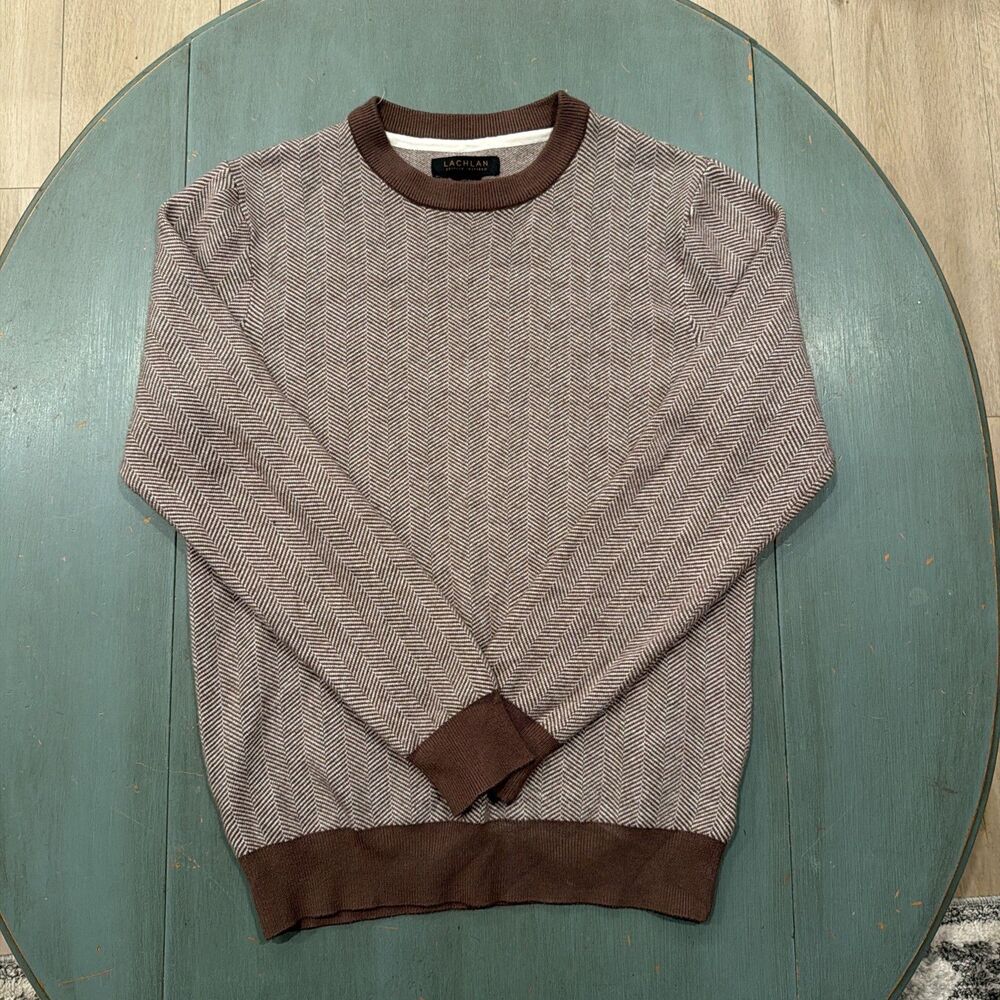 Lachlan British Inspired Herringbone Crewneck Sweater Men’s Small Brown